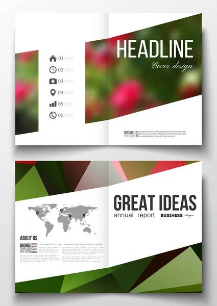 Set of business templates for brochure, magazine, flyer, booklet or annual report. Colorful polygonal floral background, blurred image, red flowers on green, modern triangular texture — Stock Vector