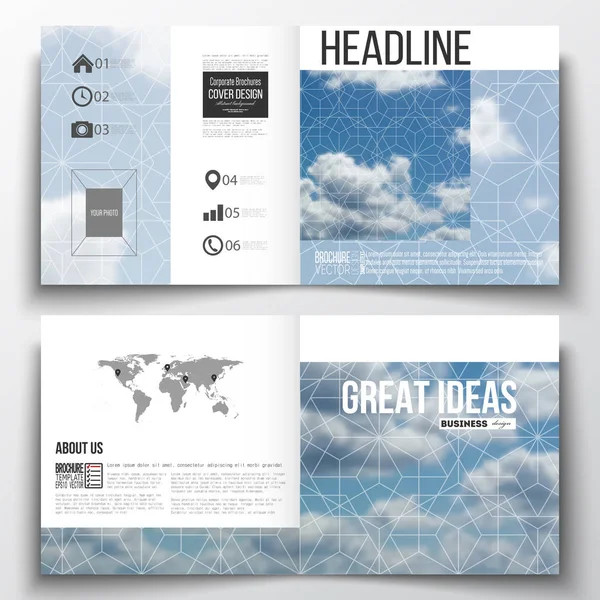Sada šablony brožura čtvercový design. Krásná modrá obloha, geometrické pozadí abstraktní s bílá oblaka, leták kryt, obchodní uspořádání, vektorové ilustrace — Stockový vektor