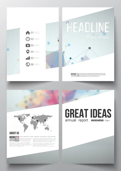 Set of business templates for brochure, magazine, flyer, booklet or annual report. Molecular construction with connected lines and dots, scientific pattern on colorful polygonal background — Stock Vector