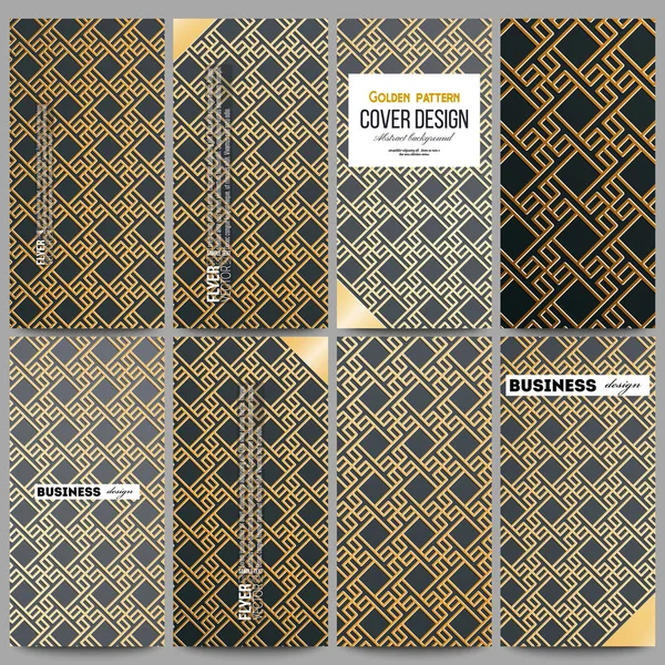 Conjunto de volantes modernos. Patrón de oro islámico con formas cuadradas geométricas superpuestas que forman adornos abstractos. Vector elegante textura dorada sobre fondo negro — Archivo Imágenes Vectoriales