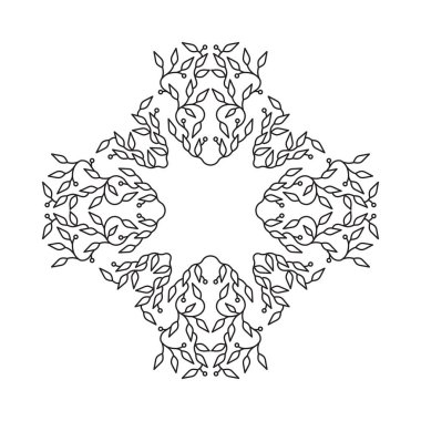 Siyah renk çerçeve, beyaz arka plan üzerinde izole şablonu tasarlamak. Daire amblemi yaprakları ile yaptı. Spa konsept monogram, doğrusal tarzı. Vektör dekorasyon moda, kozmetik, güzellik endüstrisi için