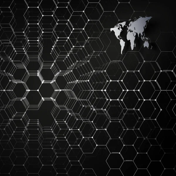 灰色の世界地図、線と黒一色の背景にドットを接続します。化学パターン、六角形の分子構造、科学研究。医学、科学概念。抽象的なデザインのベクター装飾 — ストックベクタ