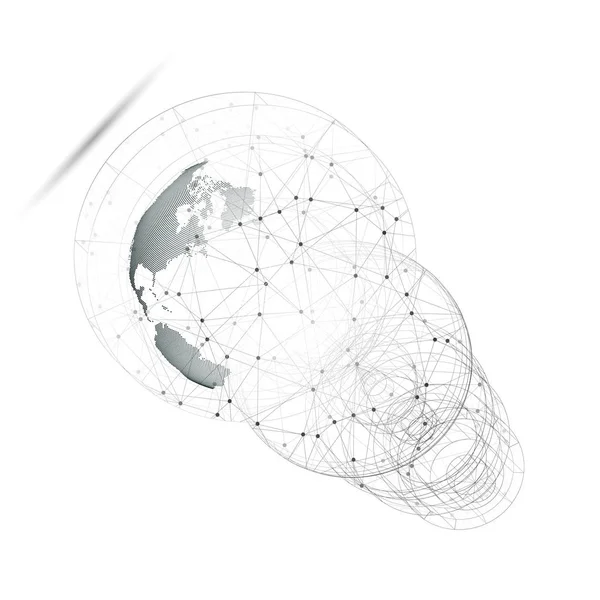 Globo do mundo pontilhado com construção abstrata, linhas de conexão e pontos, moléculas sobre fundo branco. Estrutura molecular. Medicina, ciência, conceito de tecnologia. Projeto vetorial — Vetor de Stock