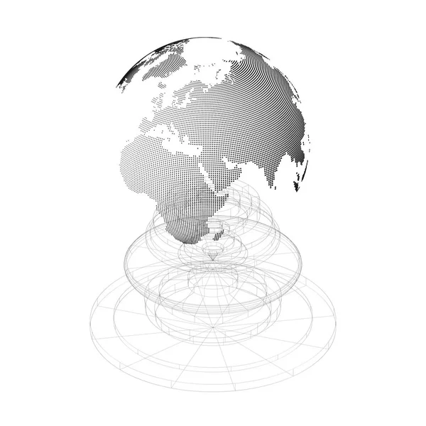 Mondo punteggiato globo con costruzione isolata su sfondo bianco. Struttura astratta, forma, forma, orbita o stazione spaziale. Concetto scientifico e tecnologico . — Vettoriale Stock