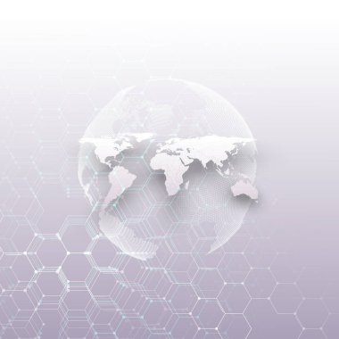 Beyaz dünya Küre, çizgiler ve noktalar üzerinde mavi arka plan bağlantı noktalı. Kimya model, altıgen molekül yapısı, tıbbi araştırma. Tıp, teknoloji kavramı. Soyut tasarlamak vektör.