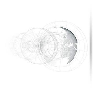 Dünya Küre, izole soyut inşaat, beyaz arka plan üzerinde çizgi noktalı. Vektör tasarımı, yapısı, şekli, formu, yörünge, uzay istasyonu. Bilimsel araştırma. Bilim, teknoloji kavramı.