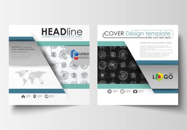 Kare broşür, dergi, el ilanı için iş şablonları. Kapak broşür, düzen düz. Yüksek teknoloji tasarım, sistem bağlanma. Bilim ve teknoloji kavramı. Fütüristik soyut vektör arka plan.