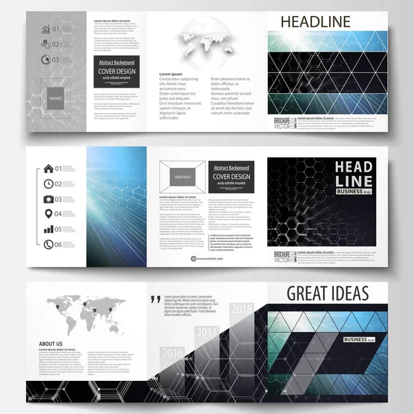 Set of business templates for tri-fold brochures. Square design. Leaflet cover, easy editable vector layout. Chemistry pattern, hexagonal molecule structure. Medicine, science and technology concept. — Stock Vector