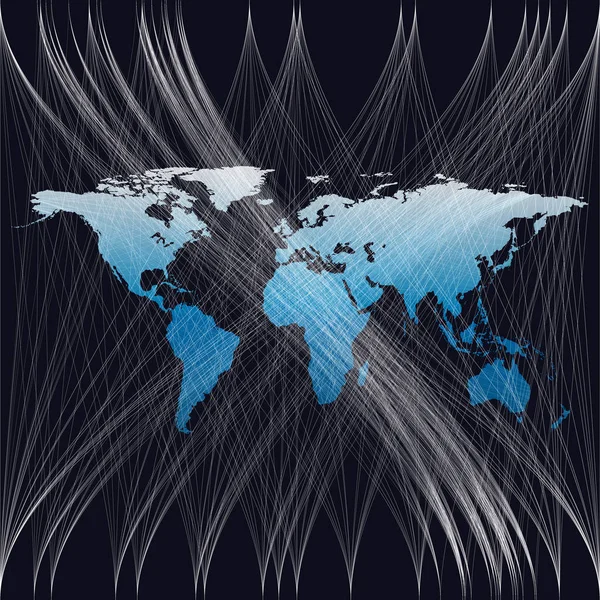 Blauer Hintergrund mit Weltkarte, abstrakten weißen Wellen, Linien, Kurven, Wirbeln. Bewegungsdesign. Vektordekoration. — Stockvektor