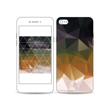 Hareket eden smartphone bir örnek üzerinde beyaz izole ekran ve kapak tasarımı ile. Renkli poligonal zemin, doğal arka plan bulanık, modern şık üçgen vektör doku