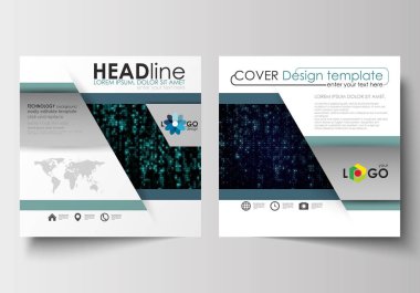 Kare tasarım broşür, dergi, broşür, kitapçık için şablonlar. Broşür kapak, düz düzen, kolay düzenlenebilir vektör. Sanal gerçeklik, ekranda, teknolojik altyapı parlayan renk kodu akarsuları.