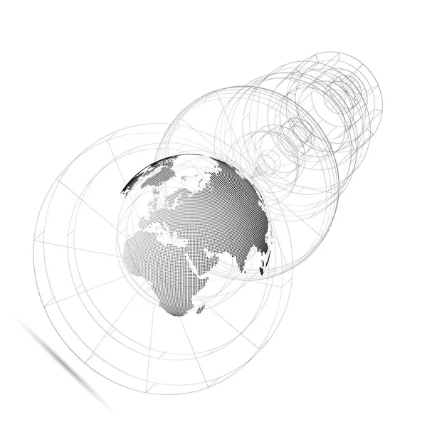 Dotted world globe, isolated abstract construction, connecting lines on white background. Vector design, structure, shape, form, orbit, space station. Scientific research. Science, technology concept. — Stock Vector