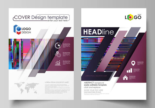 Business templates for brochure, magazine, flyer, annual report. Cover design template, abstract vector layout in A4 size. Glitched background made of colorful pixel mosaic. Trendy glitch backdrop.