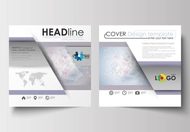 Rapor için kare tasarım broşür, dergi, el ilanı, broşür, iş şablonlar. Broşür kapak, düz düzen, kolay düzenlenebilir. Molekül yapısı üzerinde mavi arka plan. Bilim, sağlık, tıp vektör.