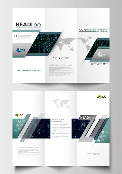 Tri-fold brochures modèles d'affaires des deux côtés. Mise en page facile et modifiable dans un design plat. Réalité virtuelle, flux de code couleur, fond technologique abstrait avec symboles . — Image vectorielle
