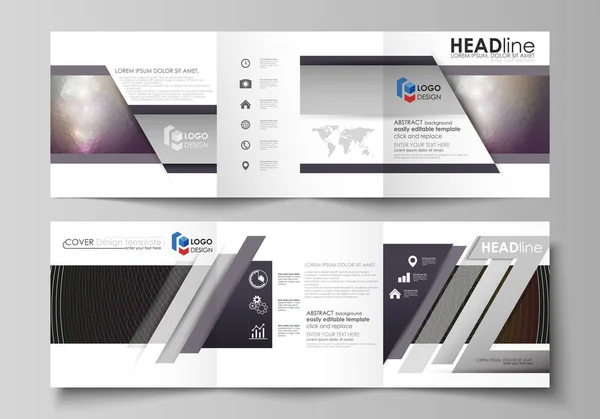 Set of business templates for tri fold square design brochures. Leaflet cover, flat layout, easy editable vector. Dark color triangles and colorful circles. Abstract polygonal style modern background. — Stock Vector