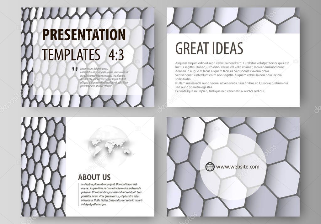 Set of business templates for presentation slides. Easy editable vector layouts in flat design. Gray color hexagons in perspective. Abstract polygonal style modern background.