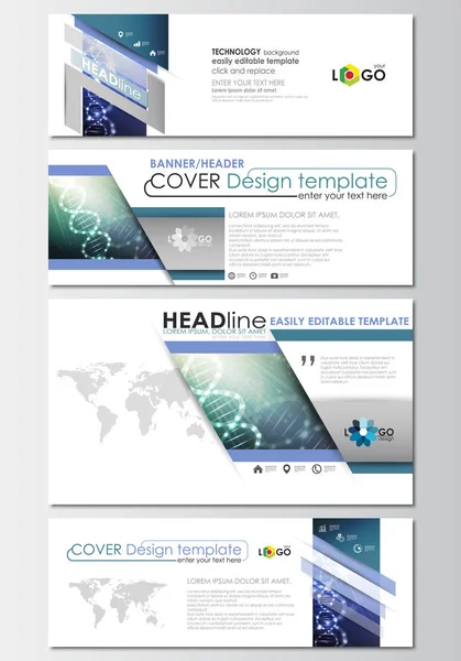 Social Media und E-Mail-Header gesetzt, moderne Banner-Vorlagen. Cover-Design-Vorlage, leicht editierbare flache Layouts. dna Molekülstruktur, wissenschaftlicher Hintergrund. wissenschaftliche Forschung, Medizintechnik. — Stockvektor