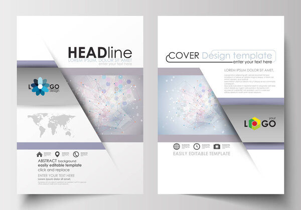 Business templates for brochure, magazine, flyer, booklet. Cover design template, easy editable, flat layout in A4 format. Molecule structure on blue background. Science, healthcare, medical vector.