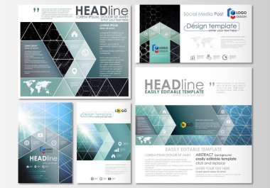 Social media posts set. Business templates. Cover design template, easy editable layouts in popular formats. Chemistry pattern, hexagonal molecule structure. Medicine, science and technology concept. clipart