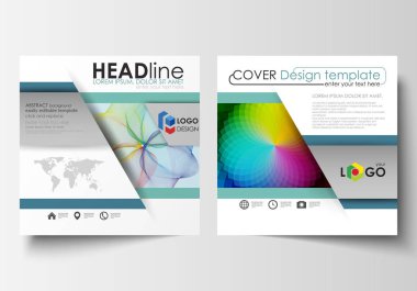 İş şablonları kare broşür, dergi, el ilanı, faaliyet raporu için. Broşür kapak, düz düzen, kolay düzenlenebilir vektör. Soyut şekiller ve dalgalar, çakışma etkisi ile renkli tasarım arka plan.