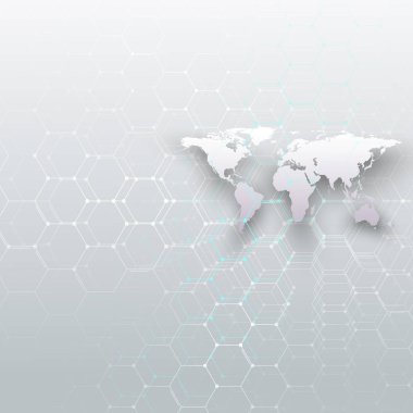 Beyaz Dünya Haritası, çizgiler ve noktalar gri renkli arka plan üzerinde bağlanma. Kimya model, altıgen molekül yapısı, bilimsel araştırma. Tıp, bilim kavramı. Soyut tasarım vektör dekorasyon.