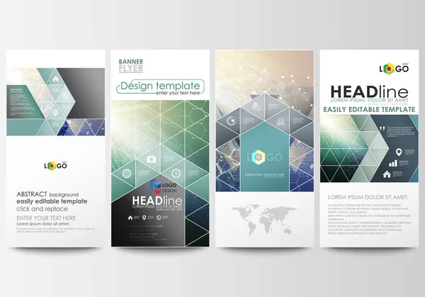 Flyers set, banners modernos. Modelos de negócios. Modelo de design de capa, layouts de vetor fácil editável. Padrão químico, estrutura molecular hexagonal. Medicina, ciência, conceito de tecnologia . —  Vetores de Stock