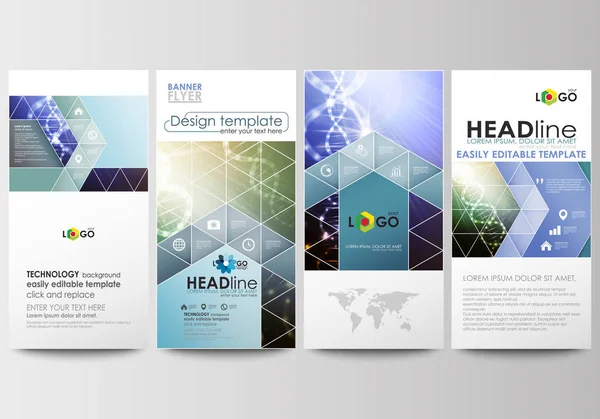 Flyers set, banners modernos. Modelos de negócios. Modelo de design de capa, fácil editável, layouts planos abstratos. Estrutura molecular do ADN, formação científica. Investigação científica, tecnologia médica . —  Vetores de Stock