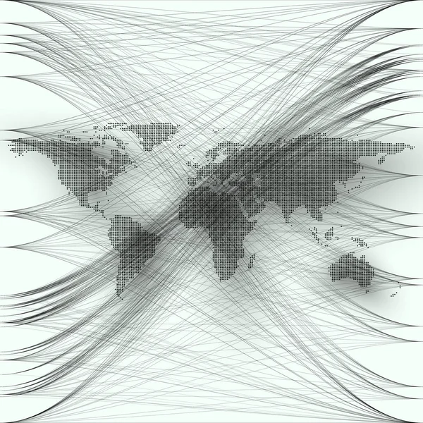 Schwarz gepunktete Weltkarte mit abstrakten Wellen und Linien auf weißem Hintergrund. Bewegungsdesign. grau chaotisch, zufällig, chaotische Kurven, Wirbel. Vektordekoration. — Stockvektor
