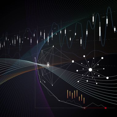 Koyu renk soyut Infographic arka planda minimalist tarzda çizgiler, semboller, grafikler, diyagramlar ve diğer öğeleri yapılmış. Broşür, el ilanı veya raporun kapak dekorasyon için iş kavramı.