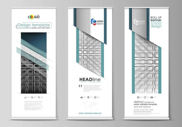 Roll up banner stands, plantillas de diseño plano, estilo geométrico, volantes vectoriales verticales corporativos, diseños de banderas. Fondo infinito abstracto, estructura 3d con rectángulos formando ilusión de profundidad . — Vector de stock