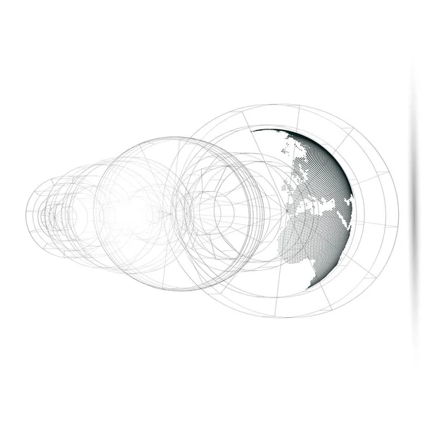 Mondo punteggiato globo, isolata costruzione astratta, linee di collegamento su sfondo bianco. Progettazione vettoriale, struttura, forma, forma, orbita, stazione spaziale. Ricerca scientifica. Scienza, concetto tecnologico . — Vettoriale Stock