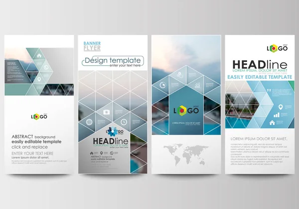 Flyers set, banners modernos. Modelos de negócios. Modelo de cobertura. Layout de decoração de viagem de cor azul de design plano, vetor editável fácil, paisagem natural turva colorida . —  Vetores de Stock