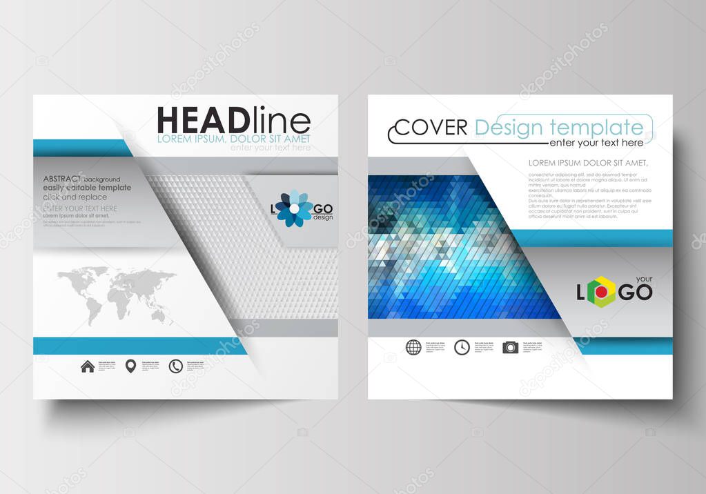 Business templates for square design brochure, magazine, flyer, booklet. Leaflet cover, flat layout, easy editable blank. Abstract triangles, blue and gray triangular background, polygonal vector.