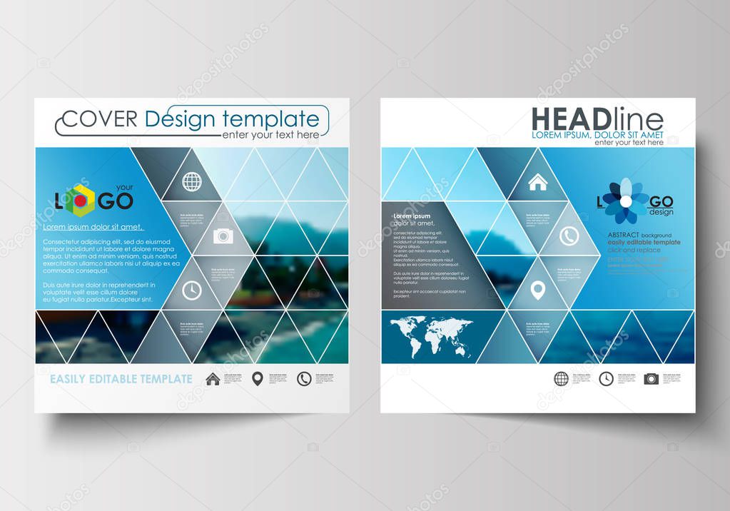 Business templates for square design brochure, magazine, flyer or report. Leaflet cover, abstract flat style travel decoration layout, easy editable vector template, colorful blurred natural landscape