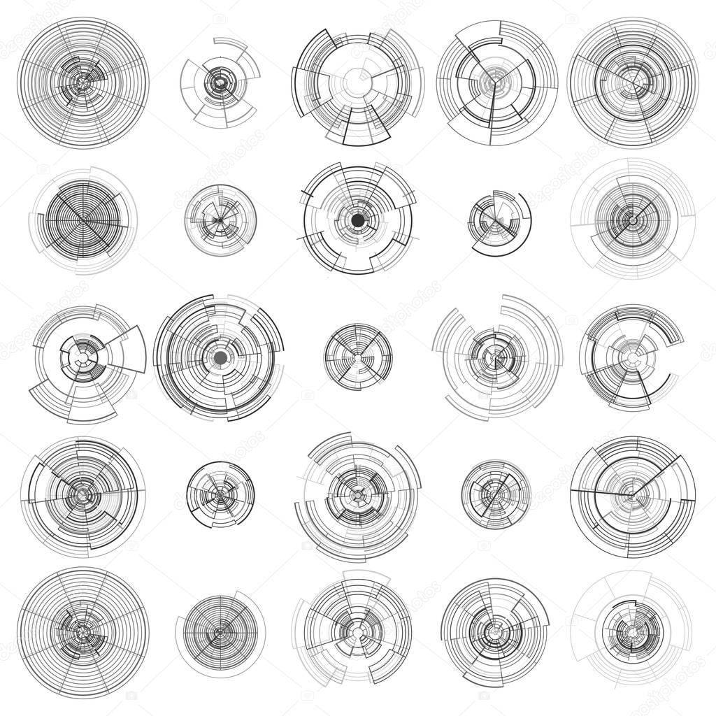 Set of abstract hud elements isolated on white background. High tech motion design, round interfaces, connecting systems. Science and technology concept. Futuristic vector.