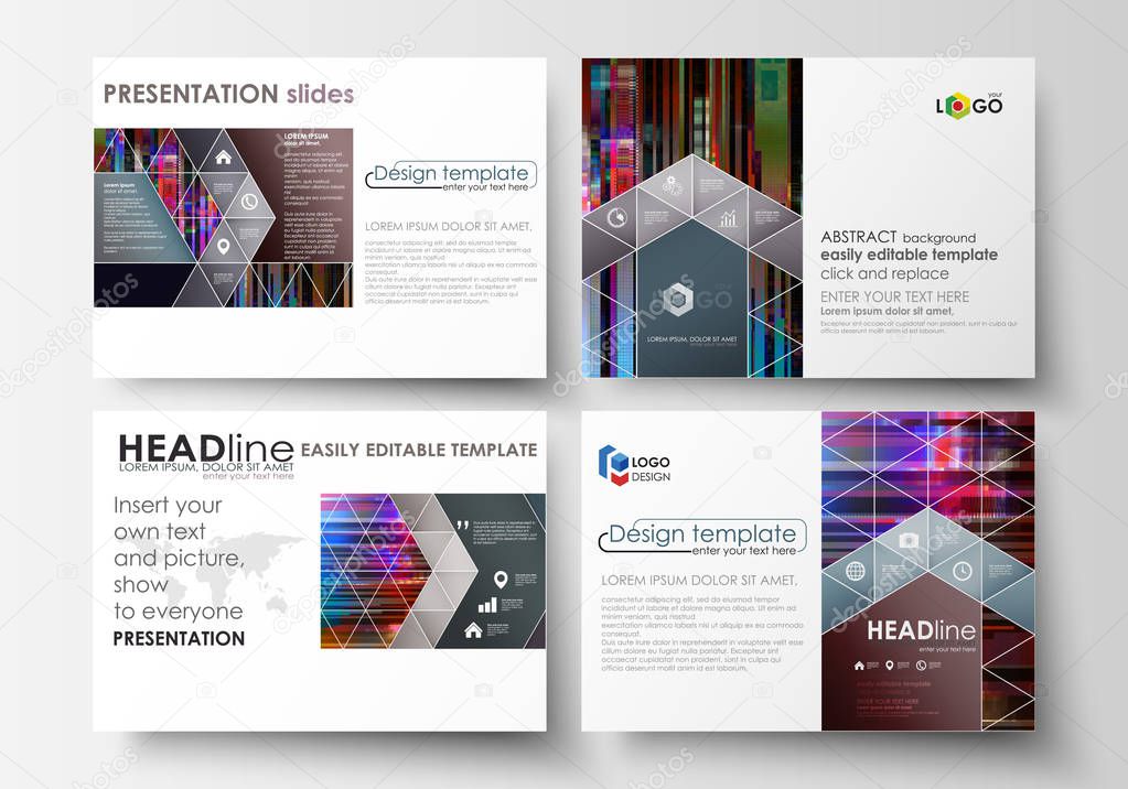Business templates for presentation slides. Abstract layouts in vector design. Glitched background made of colorful pixel mosaic. Digital decay, signal error, television fail. Trendy glitch backdrop.