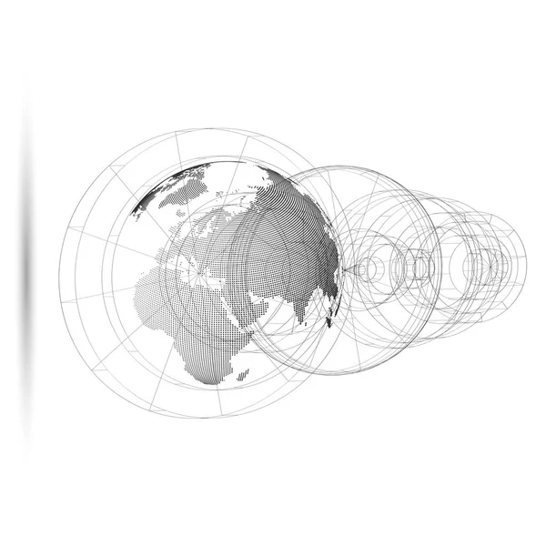 Dotted world globe with abstract construction, connecting lines on white background. Vector design, structure, shape, form, orbit, space station. Scientific research. Science, technology concept. — Stock Vector