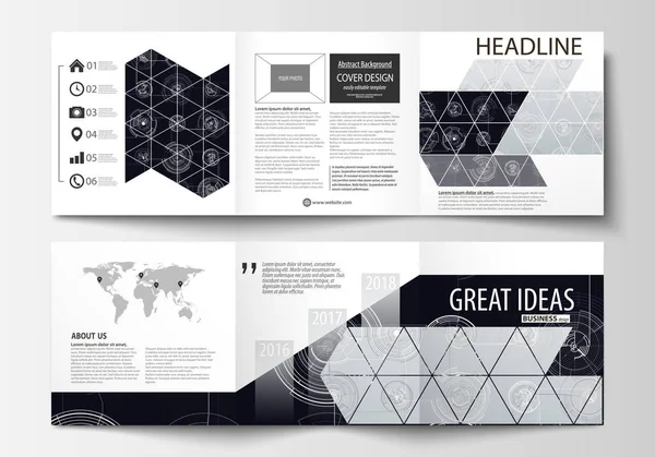 Business-Vorlagen für quadratische Trifold-Broschüren. Prospekteinband, flaches Layout, leicht editierbarer Vektor. Hightech-Design, Verbindungssystem. wissenschaftlich-technisches Konzept. futuristischer abstrakter Hintergrund. — Stockvektor