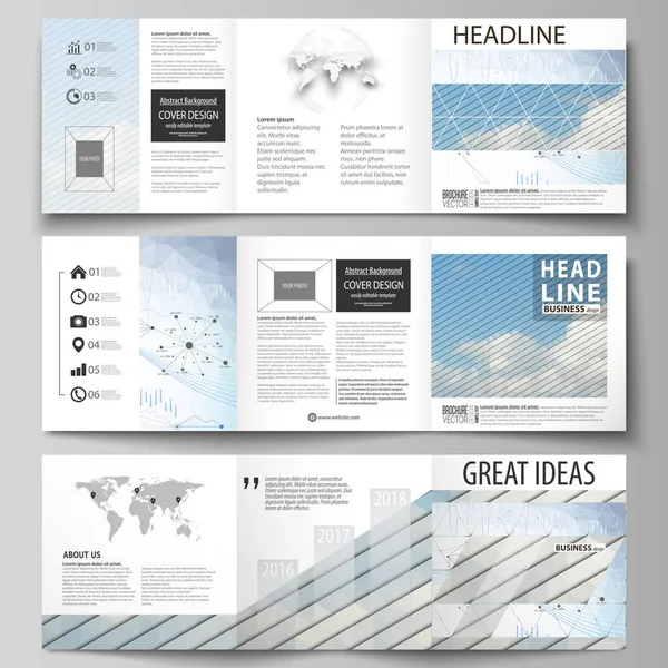 Podnikové šablony pro tri Přeložte čtvercový design brožury. Katalogový list titulní, vektorové rozložení. Modrá barva pozadí abstraktní infografika v minimalistickém stylu z čáry, symboly, grafy, další prvky. — Stockový vektor