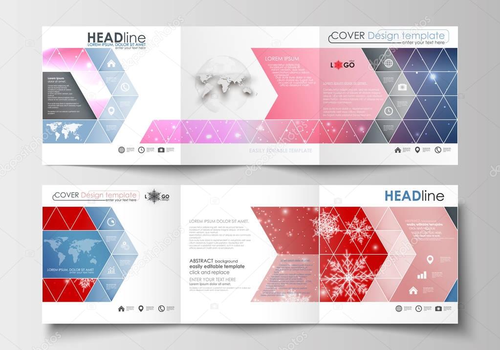 Set of business templates for tri-fold brochures. Square design. Leaflet cover, abstract flat layout, easy editable blank. Christmas decoration, vector background with shiny snowflakes.