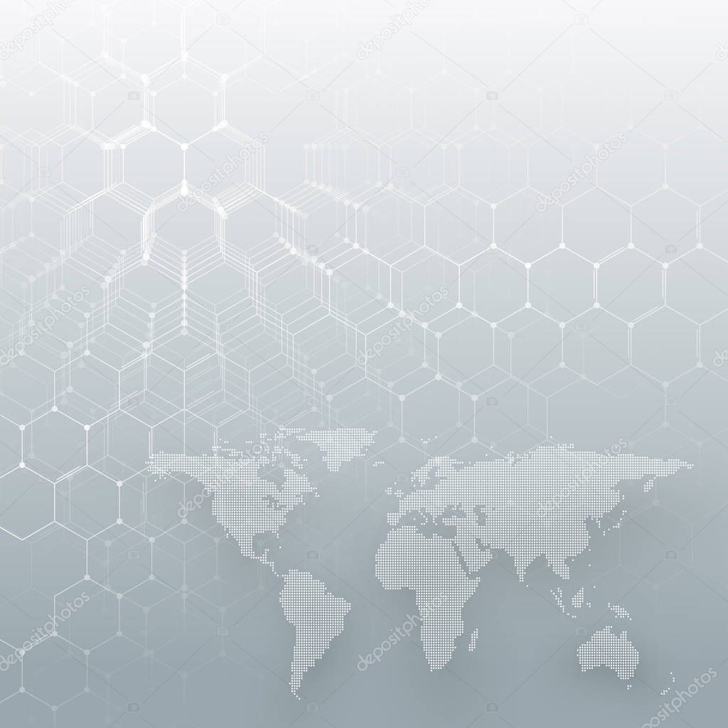 White dotted world map, connecting lines and dots on gray color background. Chemistry pattern, hexagonal molecule structure, medical research. Medicine, technology concept. Abstract design vector.