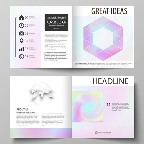 Business templates for square design bi fold brochure, flyer. Leaflet cover, vector layout. Hologram, background in pastel colors, holographic effect. Blurred colorful pattern, futuristic texture.