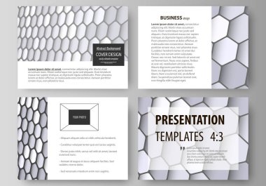 İş şablonları sunma kaymak için kümesi. Düz tasarım kolay düzenlenebilir vektör düzenler. Gri renk altıgen yanarak bahislerin doğru perspektif içinde. Soyut poligonal tarzı modern arka plan.