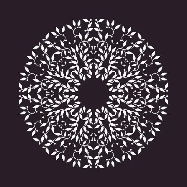 Abstrakt vit färg ramkonstruktion, isolerade mall på svart bakgrund. Cirkel gjort symbol med blad. Spa koncept monogram, naturliga badge. Vector dekoration för mode, kosmetika, skönhetsindustrin — Stock vektor