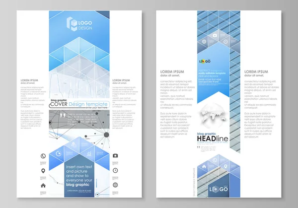 Modelos de negócios gráficos de blog. Página modelo de design do site, layout vetorial. Cor azul fundo infográfico abstrato em estilo minimalista feito de linhas, símbolos, gráficos, outros elementos . —  Vetores de Stock