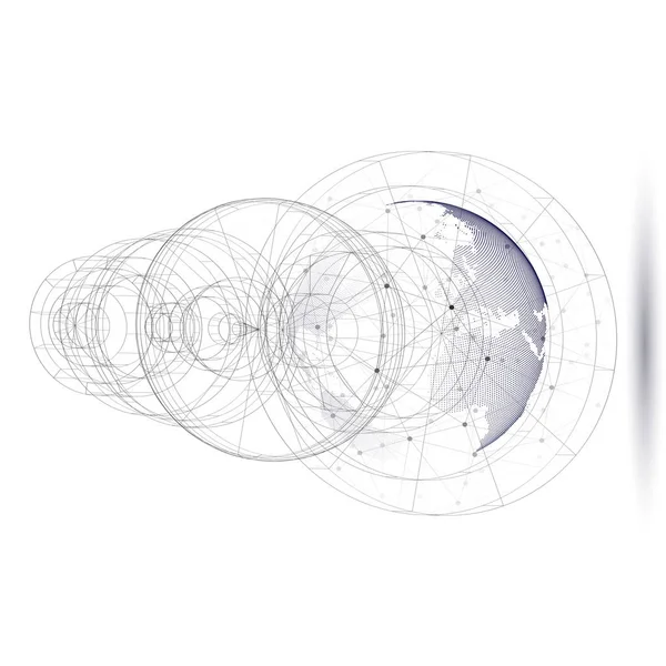 Dotted world globe with abstract construction, connecting lines and dots, molecules on white background. Molecule structure. Medicine, science, technology concept. Polygonal design vector illustration — Stock Vector