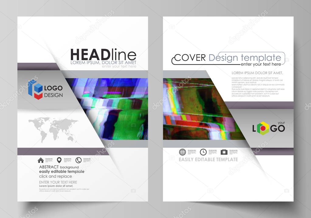 Business template for brochure, flyer, report. Cover design, abstract vector layout in A4 size. Glitched background made of colorful pixel mosaic. Digital decay, signal error, television fail