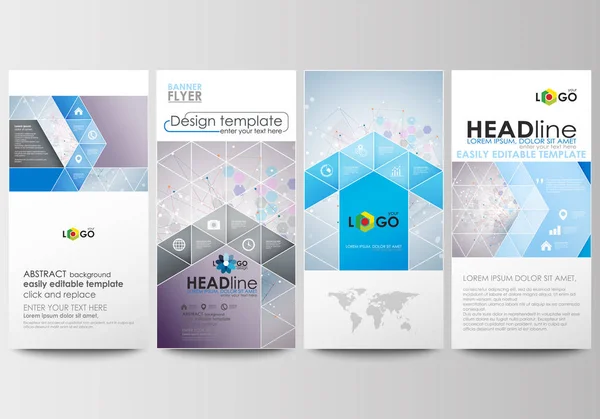 Flyers set, banners modernos. Modelos de negócios. Modelo de design de capa, fácil editável, layouts planos abstratos. Estrutura da molécula no fundo azul. Ciência, saúde, vetor médico . —  Vetores de Stock