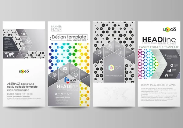 Flyers set, banners modernos. Modelos de negócios. Modelo de capa, layouts vetoriais abstratos. Padrão de química, estrutura de molécula de design hexagonal, pesquisa de DNA médico. Fundo colorido geométrico . —  Vetores de Stock